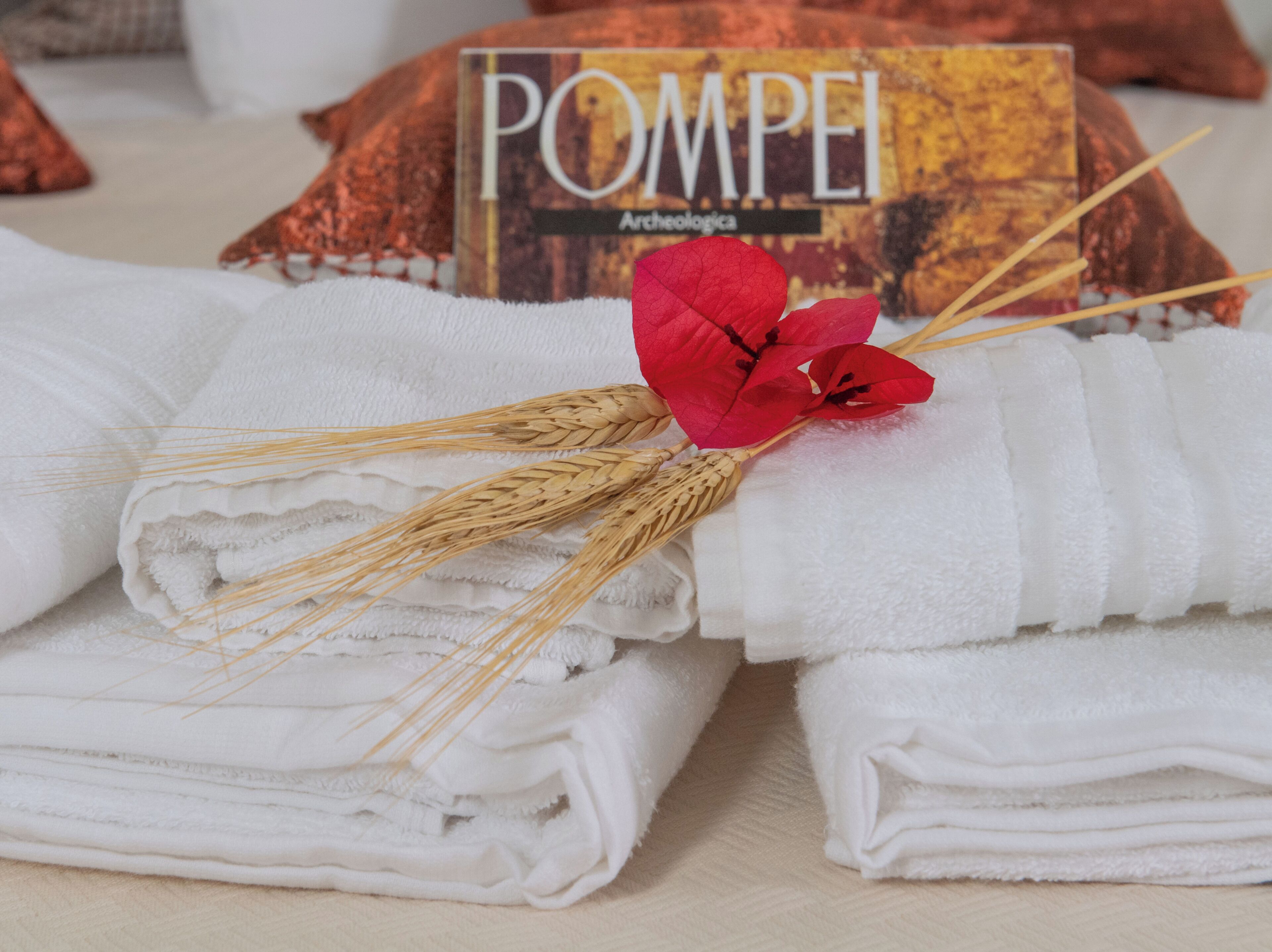 Netjes gevouwen witte handdoeken, een rode bloem en graanhalmen op een tafel, met een boek getiteld 'POMPEI Archaeologica' op de achtergrond.