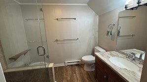 A bathroom with a glass shower enclosure, a toilet, a sink with a mirror, and wooden flooring.