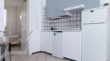 Apartment, City View | Private kitchen | Full-sized fridge, microwave, oven, stovetop