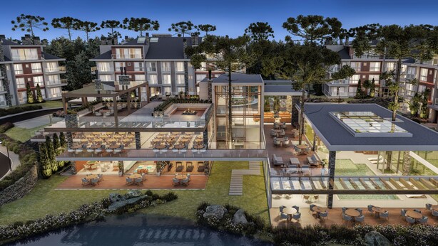 A modern residential complex with multiple apartment buildings, outdoor dining areas, and a central courtyard. - Veneto Residential / 2 Suites / 8 PAX / By HOUSINGCEARA (Gramado)