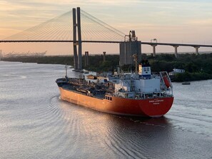 A large cargo ship named Ginga Leopold Panama navigating near a bridge.