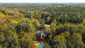 A cabin surrounded by dense forest with a swimming pool.