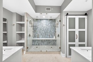 Shower, jetted tub, hair dryer, towels