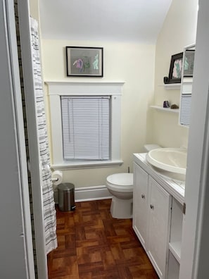 Hair dryer, towels, soap, toilet paper