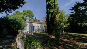 A garden with a statue, a building, and a tall tree.
