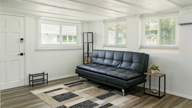 Una habitación con un sofá de cuero negro, una mesita auxiliar con una planta y una alfombra estampada sobre piso de madera.