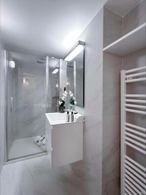 Shower, hair dryer, towels, soap