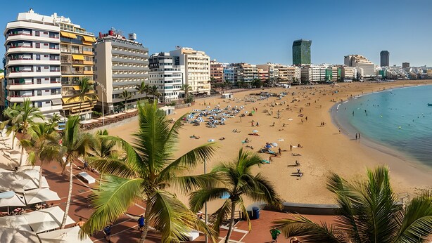 Una playa con un paseo marítimo, palmeras y edificios al fondo.