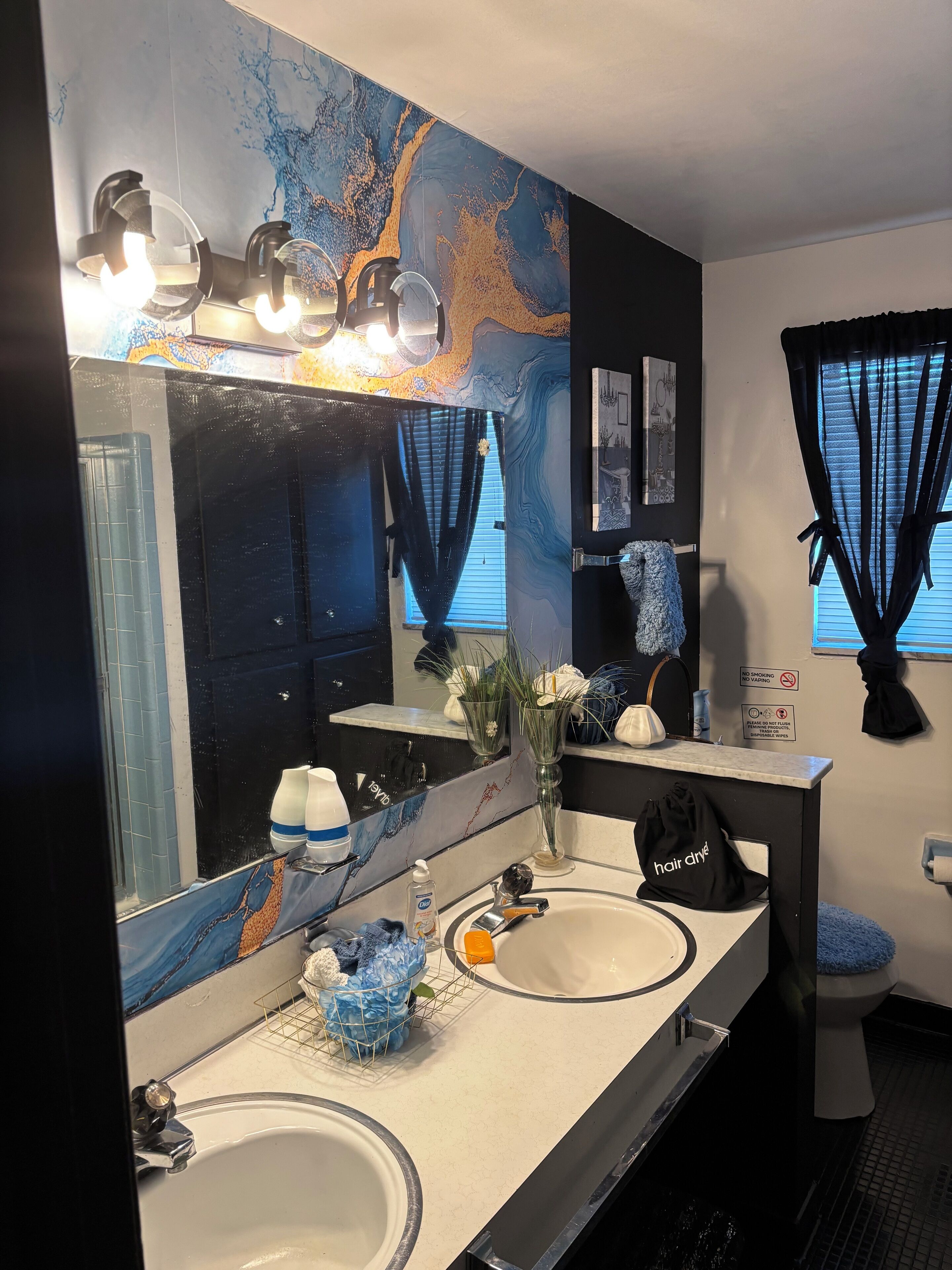 Shower, hair dryer, soap, toilet paper