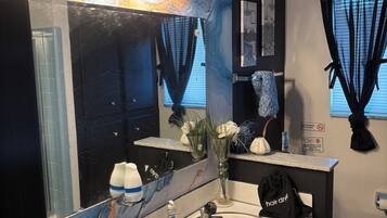 Shower, hair dryer, soap, toilet paper