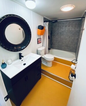 Hair dryer, towels, soap, toilet paper