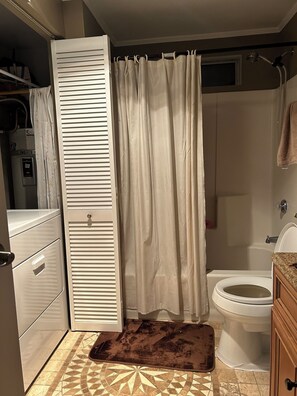 Hair dryer, towels, soap, toilet paper