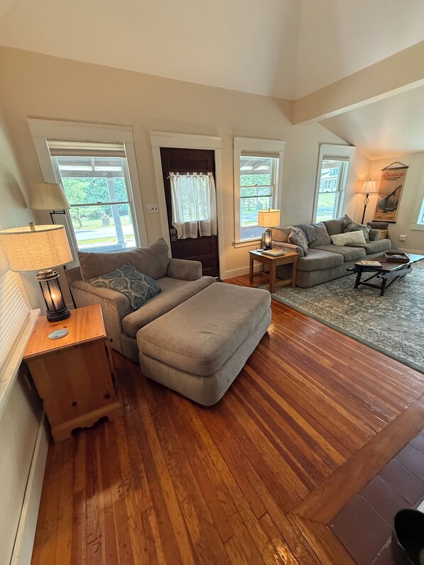 Smart TV, fireplace, books