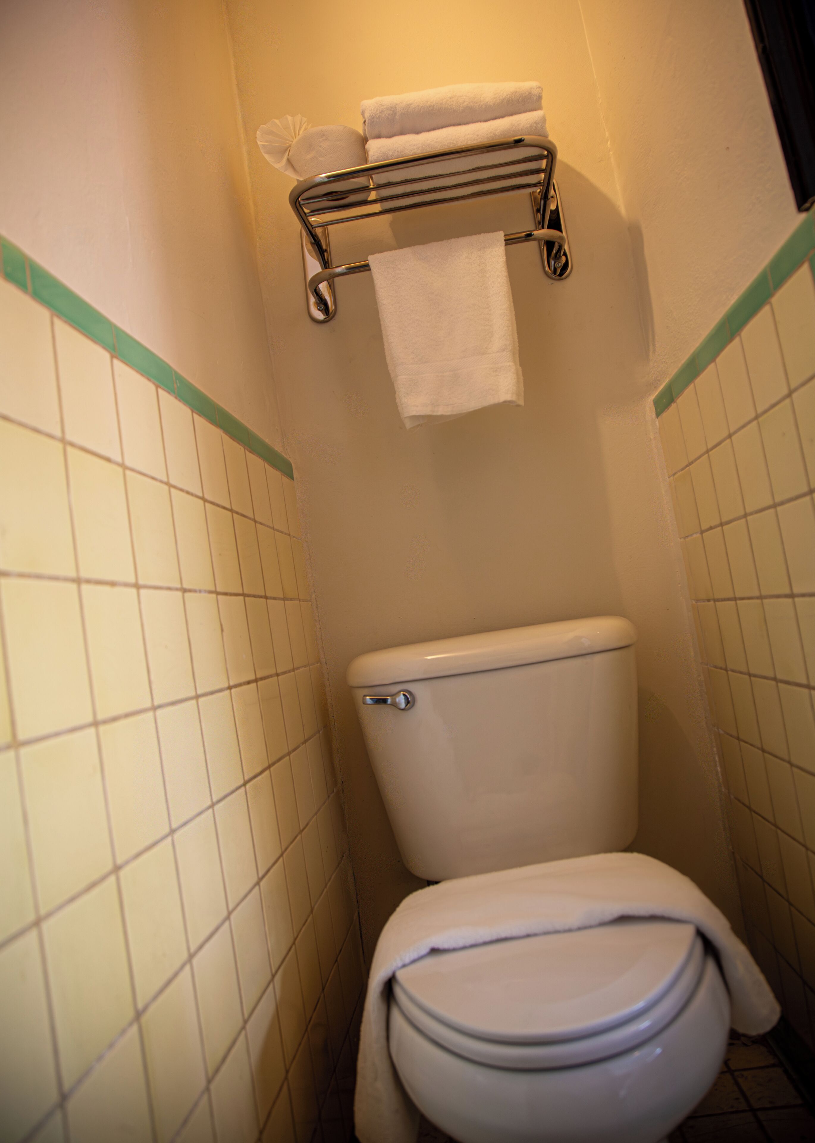A bathroom with a toilet, a towel rack with two towels, and tiled walls.