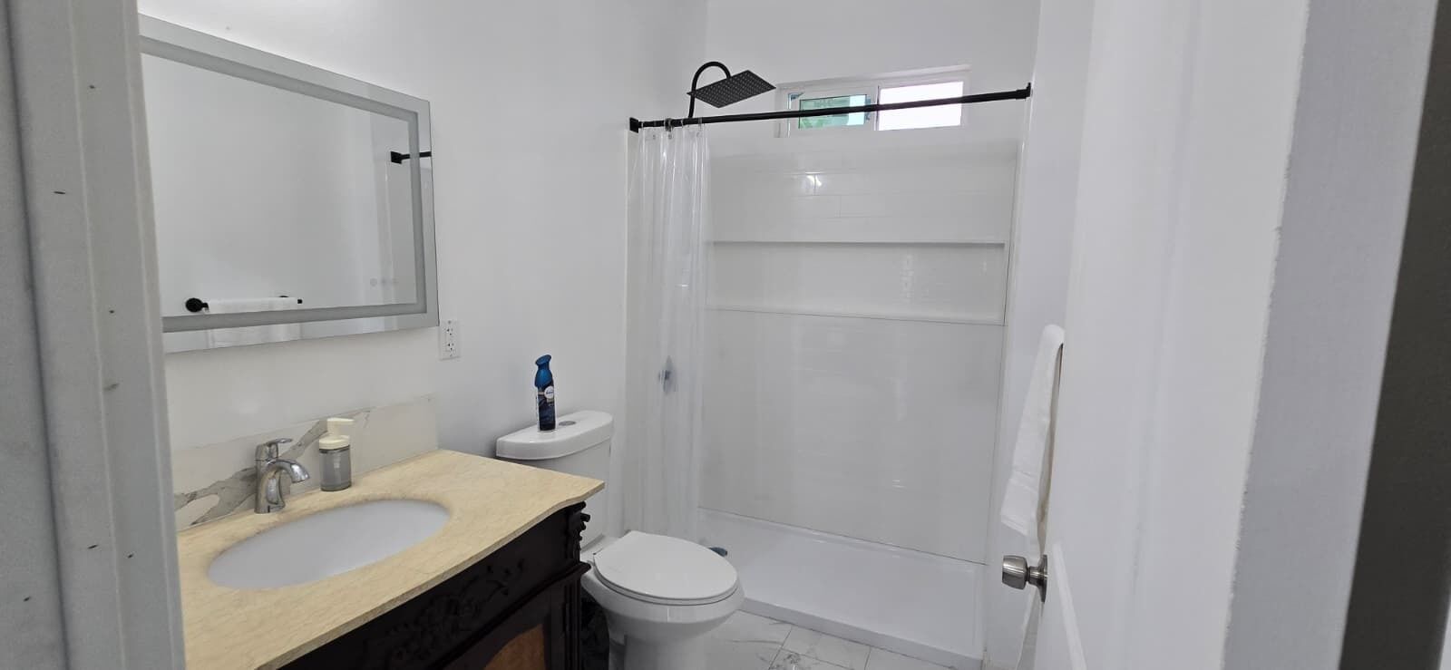 Hair dryer, towels, soap, toilet paper