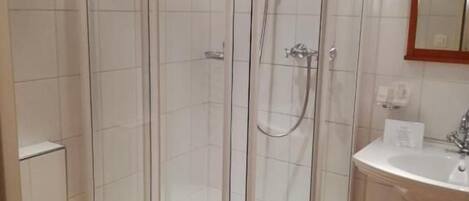 A bathroom with a glass-enclosed shower, a white sink, and a toilet.