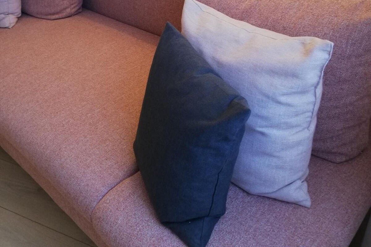 A sofa with multiple cushions in a room.