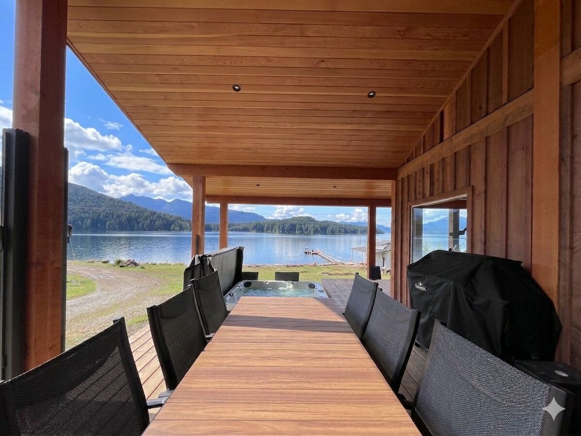 Un espace extérieur abrité où l’on peut prendre ses repas, avec vue sur un lac et des montagnes.