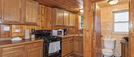 L’intérieur d’un chalet en bois comprend une cuisine équipée d’une cuisinière, d’un four à micro-ondes et de placards, ainsi qu’une salle de bain séparée avec des toilettes et un lavabo.
