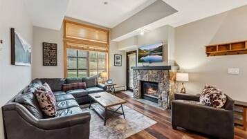 Een televisie en een open haard