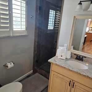 Hair dryer, towels, soap, toilet paper