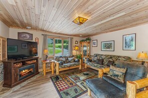 TV, fireplace, DVD player, video library