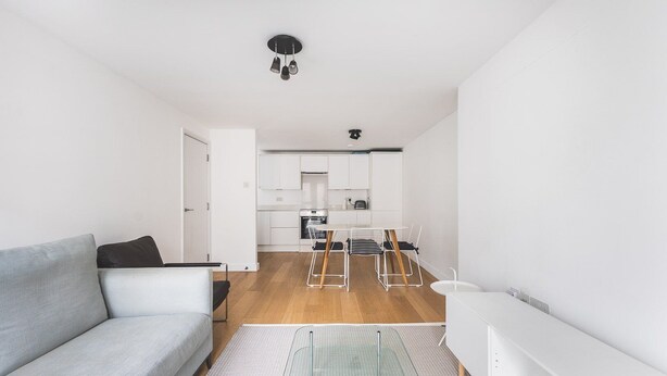 Eine moderne Wohnung mit Wohnbereich, Küche und Essplatz.