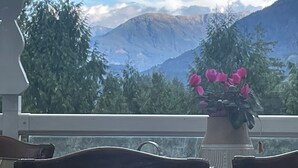 A balcony with a view of mountains and trees.