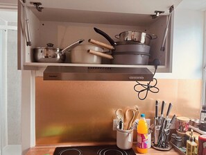 Fridge, microwave, stovetop, toaster