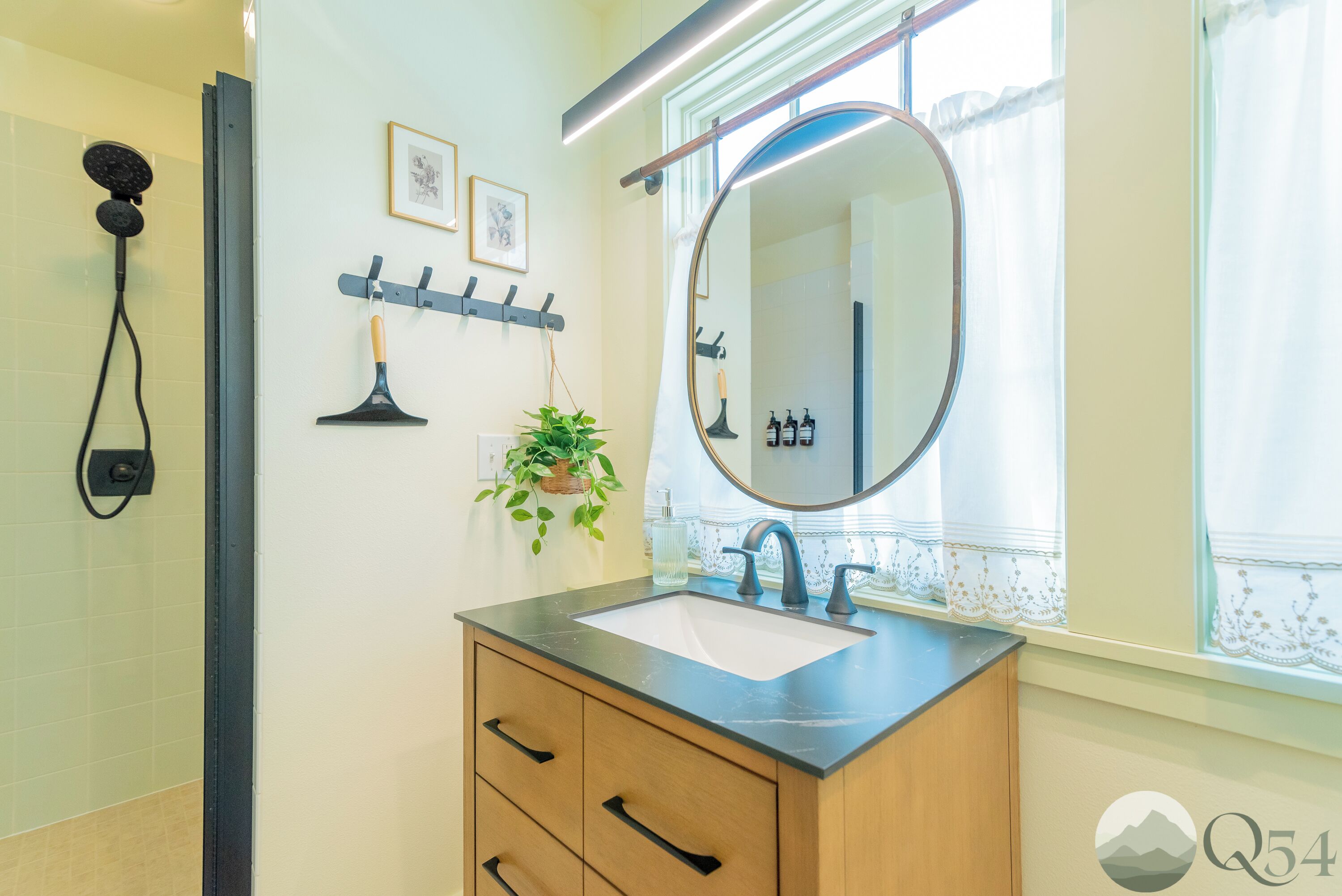 A bathroom with a sink, mirror, and shower. There are framed pictures on the wall and a plant on the counter.