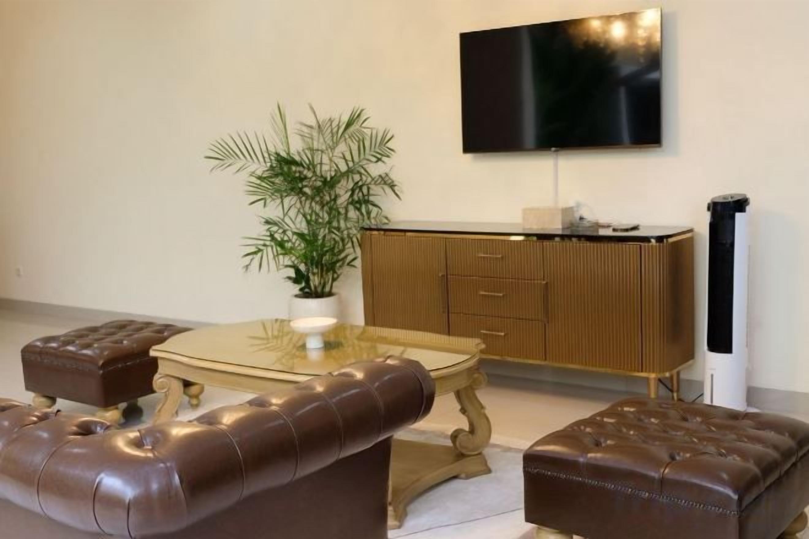 Un salon moderne avec une table basse en verre, des poufs en cuir, une plante en pot, un téléviseur à écran plat et un grand purificateur d’air.