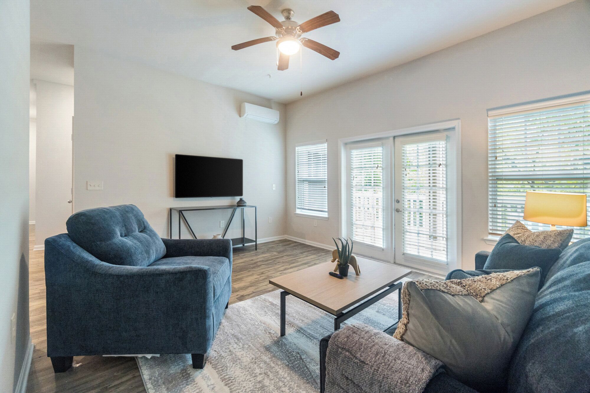 A living room with a ceiling fan, a flat-screen TV, a coffee table, and two sofas.