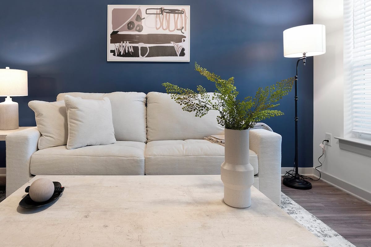 A living room with a sofa, a coffee table, a lamp, and a plant.