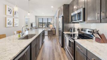 Full-sized fridge, microwave, oven, stovetop