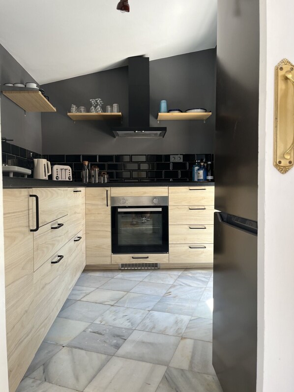 Fridge, microwave, oven, electric kettle