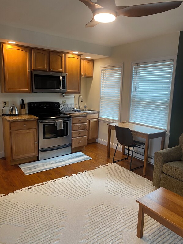 Economy Apartment, Courtyard View | Private kitchen | Fridge, microwave, oven, stovetop
