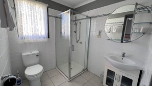 Un baño con inodoro, ducha con mampara de vidrio, lavamanos y espejo.