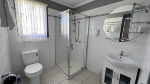 A bathroom with a toilet, a glass-enclosed shower, a sink, and a mirror. - Cottage 3 ~ Family cottage at Sussex House Holiday Park (Sussex Inlet)