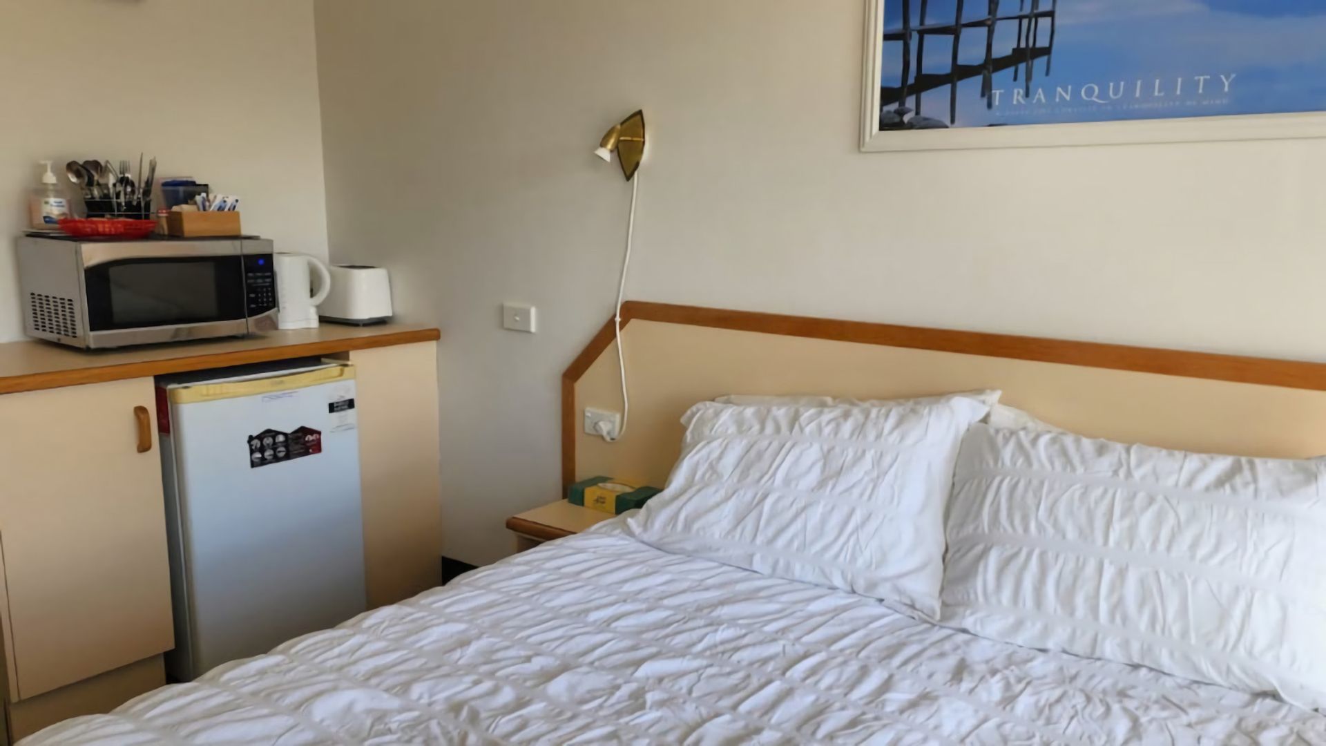 Quarto de hotel com cama, micro-ondas, geladeira e mesa de cabeceira.