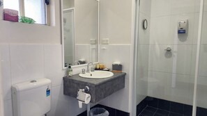 A modern bathroom with a white toilet, a sink with a marble countertop, a mirror, and a shower area.