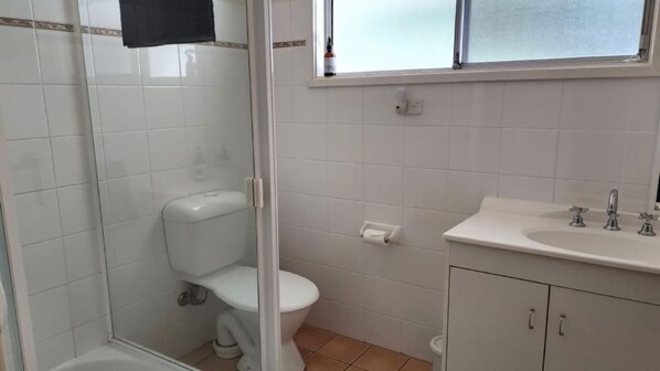 Een badkamer met een toilet, douche en wastafel.