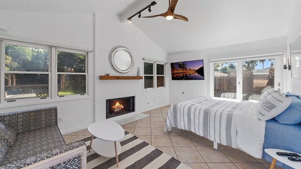 Un dormitorio moderno con chimenea, una cama, un sofá y un televisor.