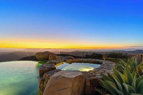 Infinity Pool, Theater, Pickleball + 360 Views Near Lake Poway Sunset Point Estate by Avantstay