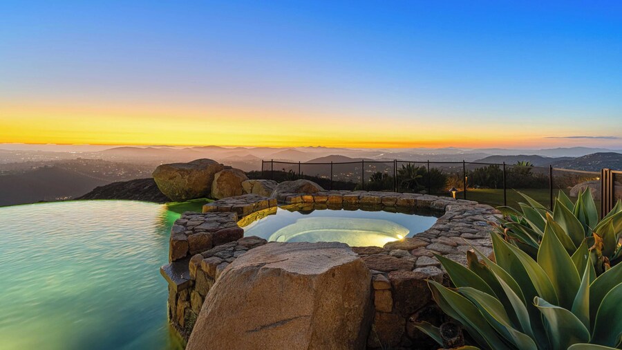 Infinity Pool, Theater, Pickleball + 360 Views Near Lake Poway Sunset Point Estate by Avantstay