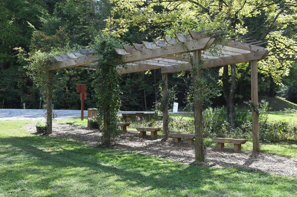 A wooden pergola with benches in a park setting.