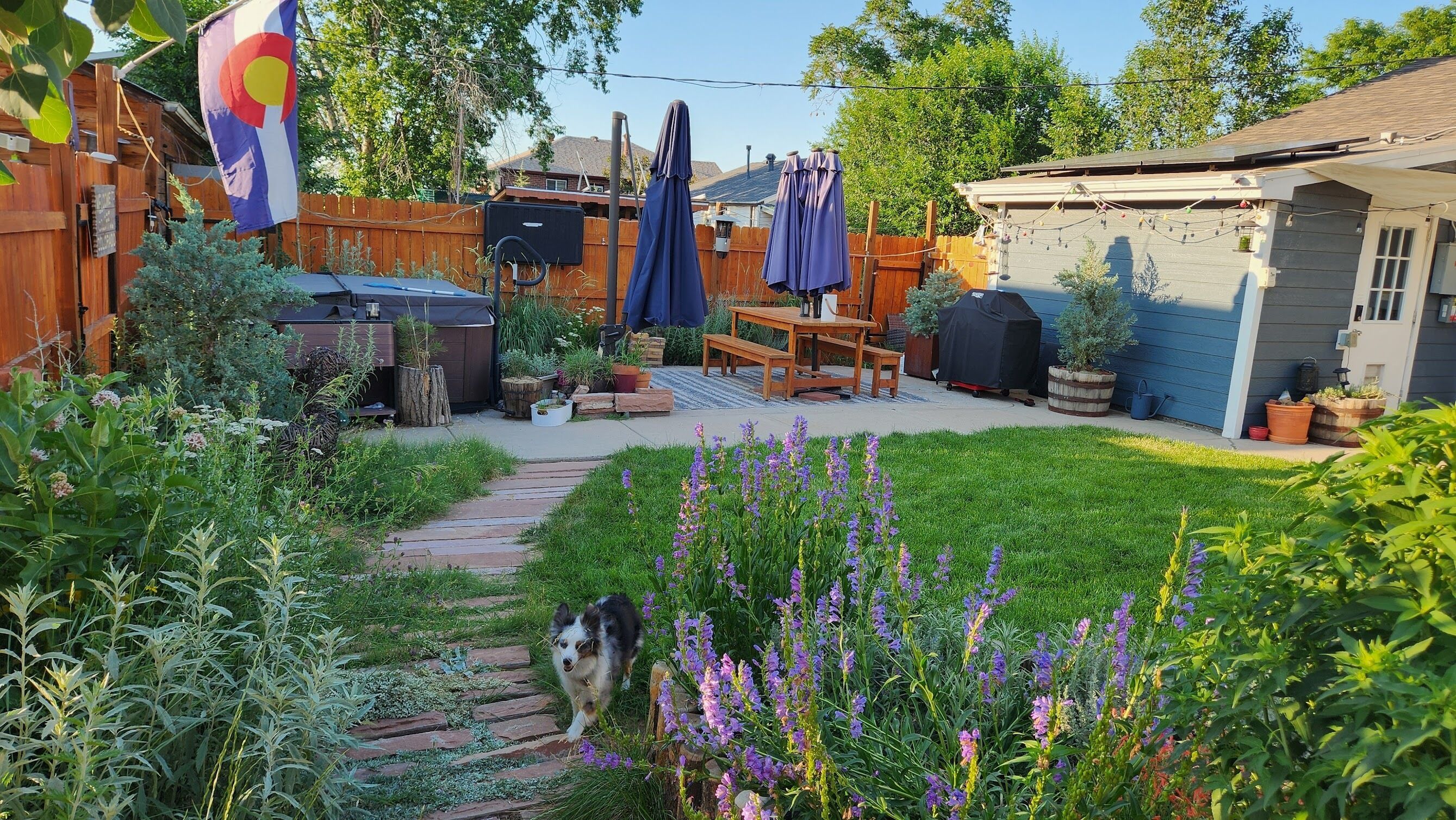 En baghave med træterrasse, grill, overdækket patiobord og forskellige planter og blomster.