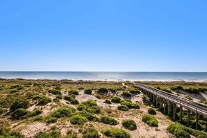 Une plage avec une promenade en bois qui mène à l’océan, entourée de dunes et d’une végétation clairsemée.
