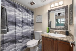 Hair dryer, towels, soap, toilet paper