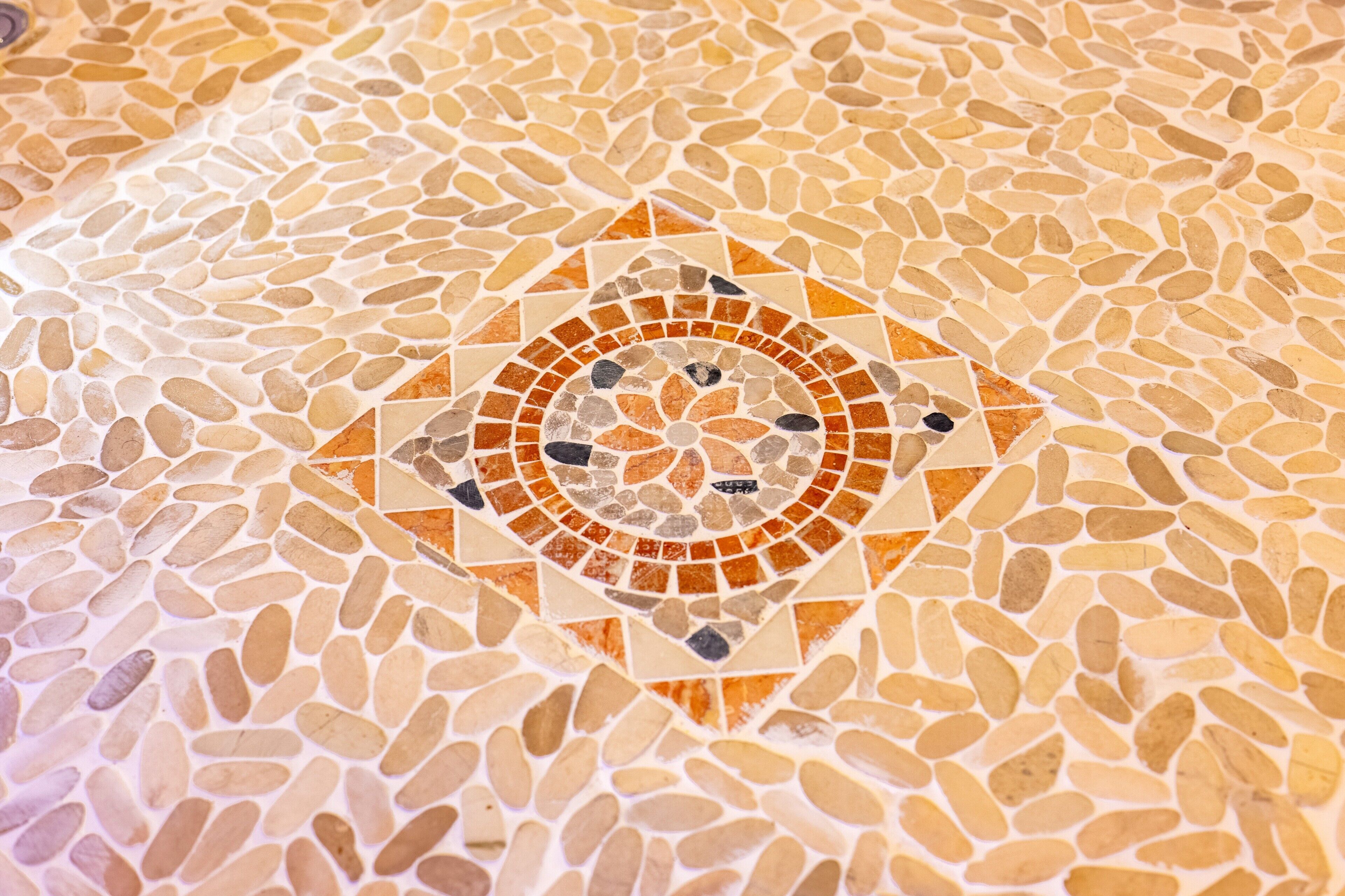 A mosaic floor with a central geometric pattern.