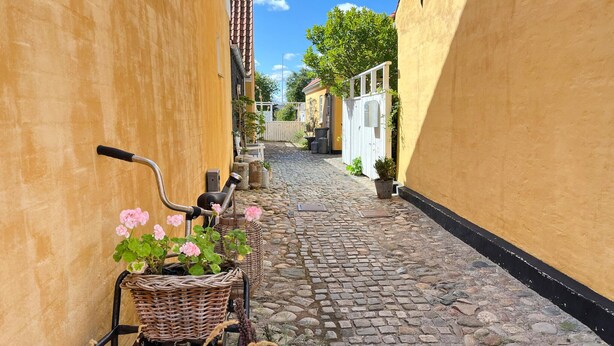 Uma estreita viela de pedra com uma bicicleta e uma cesta de vime cheia de flores cor-de-rosa.